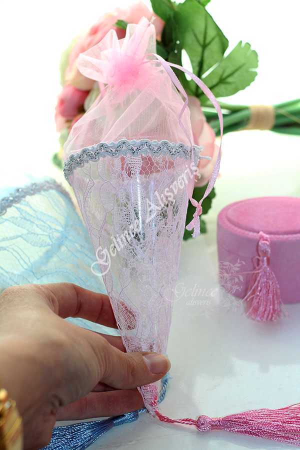 Dantel Külah Mevlid Şekeri Kesesi Pembe
