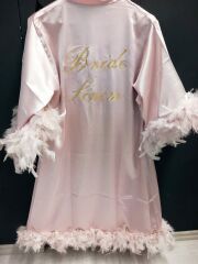 Kişiye Özel Bride Terlik ve Tüylü Sabahlık Set Pudra