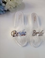 Kişiye Özel Bride Terlik ve Tüylü Sabahlık Set Gümüş