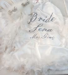 Kişiye Özel Bride Terlik ve Tüylü Sabahlık Set Gümüş