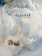 Kişiye Özel  Bride Terlik ve Kolları Tüylü Sabahlık Set