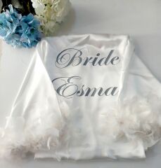Kişiye Özel  Bride Terlik ve Kolları Tüylü Sabahlık Set