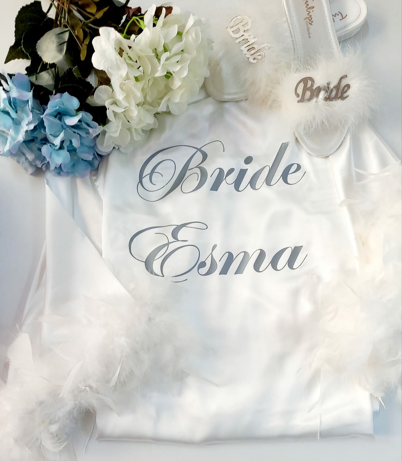 Kişiye Özel  Bride Terlik ve Kolları Tüylü Sabahlık Set