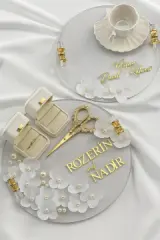 Çiçek Dekorlu İsme Özel Yuvarlak Cam Tepsi Seti