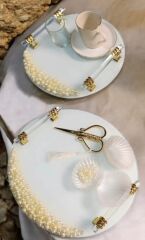 İnci Dekorlu Süslü Yuvarlak Buzlu Tepsi Seti