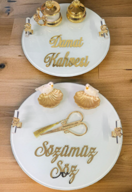 Yuvarlak Süslü Buzlu Cam Söz - Damat Tepsi Seti
