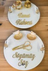 Yuvarlak Süslü Buzlu Cam Söz - Damat Tepsi Seti