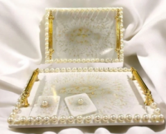 Dikdörtgen İnci Dekorlu 2'li Tepsi Seti