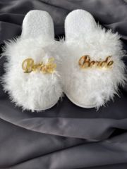 Beyaz Tüylü Bride Gelin Terliği Gold