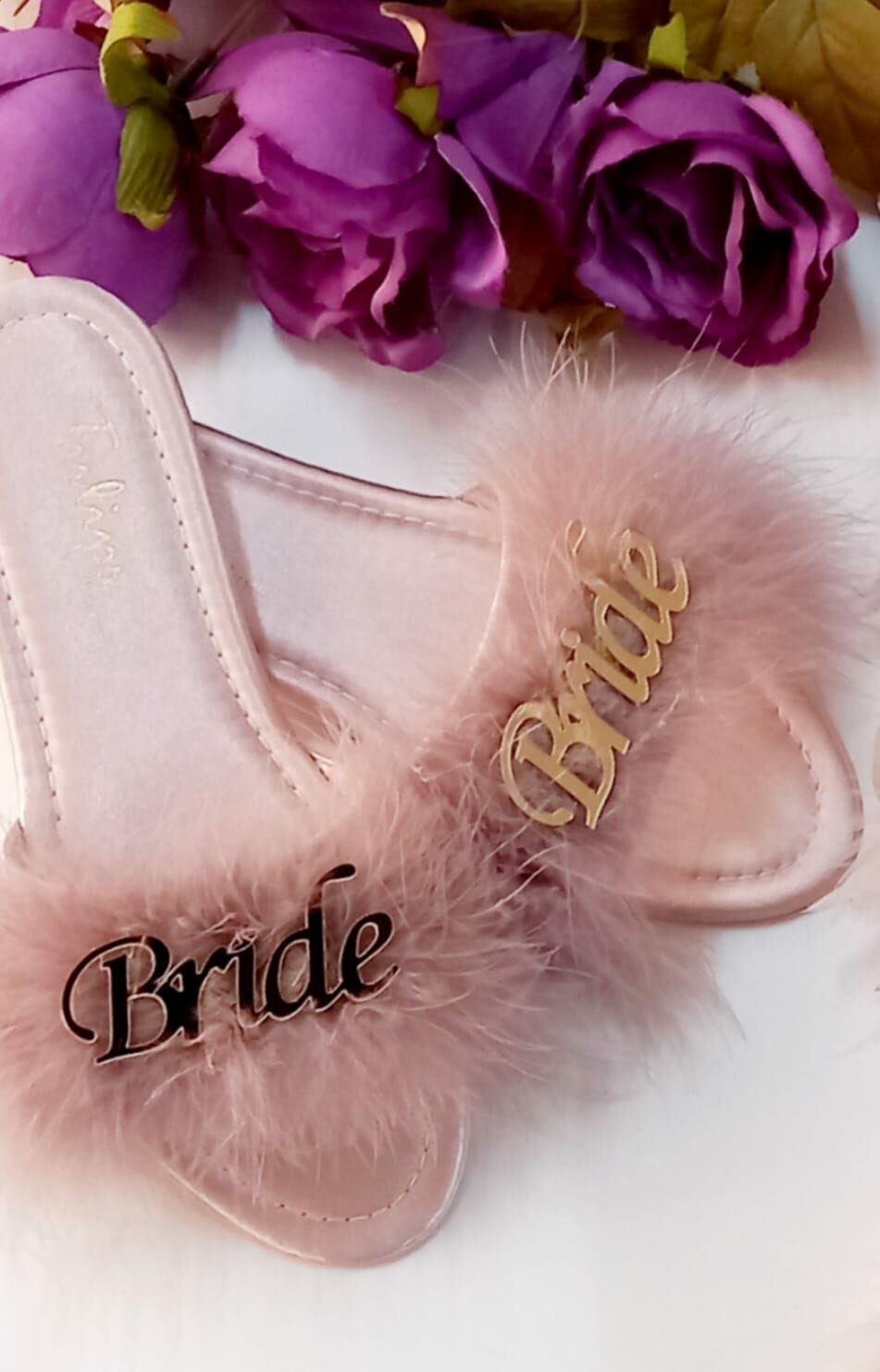 Bride Tüylü Saten Pudra Terlik