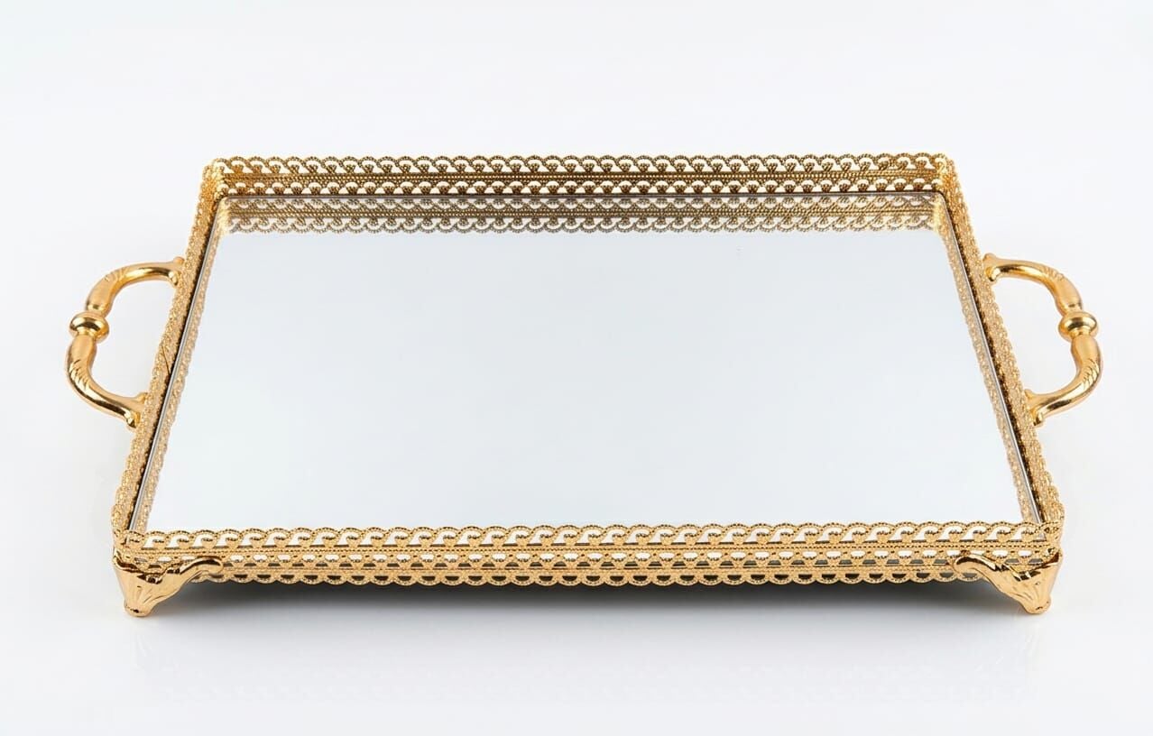 Dikdörtgen Gold Aynalı Tepsi