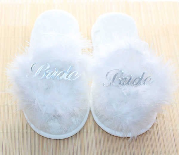 Beyaz Tüylü Bride Gelin Terliği Gümüş