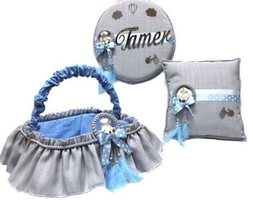 Halka İçinde Ayıcıklı Gri Süslü Bebek Sepeti