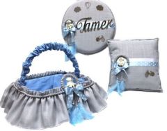 Halka İçinde Ayıcıklı Gri Süslü Bebek Sepeti