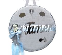 Halka İçinde Ayıcıklı Gri Süslü Bebek Sepeti