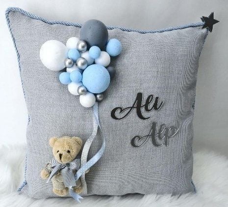 Top Dekorlu Ayıcıklı Yastık Bebek Takı Yastığı