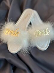 Bride Tüylü Saten Terlik Gold