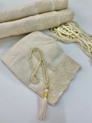 Güpürlü Havlu İnci Tesbih Set Bej