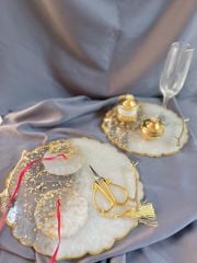 Epoksi Söz Nişan Tepsi ve Damat Kahvesi Tepsi Seti