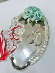 Güllü Gümüş Ayna Söz Nişan Yüzük Tepsisi Seti İğnedanlık Hediyeli