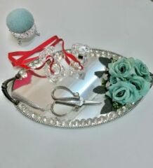 Güllü Gümüş Ayna Söz Nişan Yüzük Tepsisi Seti İğnedanlık Hediyeli