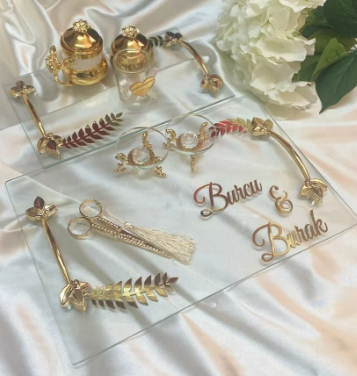 İsme Özel Söz Nişan Yüzük Tepsisi Seti Cam