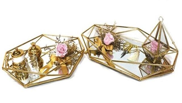 Solmayan Gül Dekorlu Lüks Prizma Tepsi Set