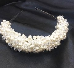 El Yapımı İncili Kristal Taşlı Gelin Tacı Beyaz