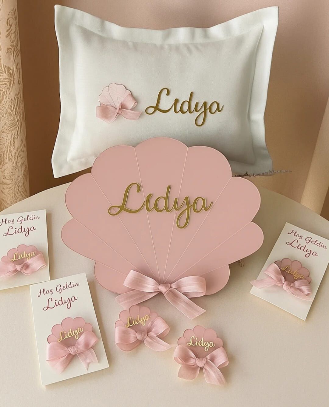 Pembe İstiridye Pleksi Kapı süsü & Takı Yastığı & 20 adet Hediyelik