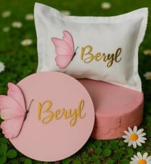 Kelebek dekorlu Ahşap Kapı süsü & Yastık takımı